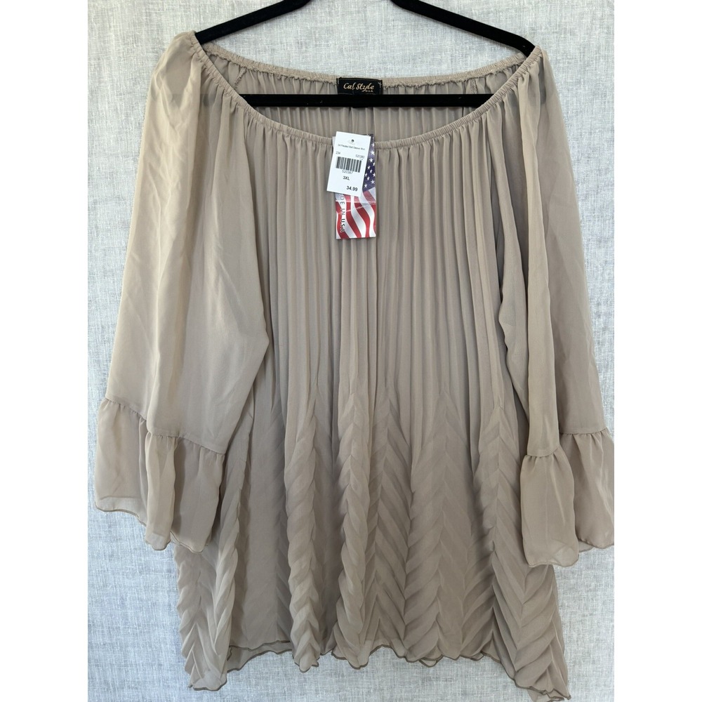 NWT CALSTYLE Blouse Women's size 3XL Sheer Pleated Bell Sleeve